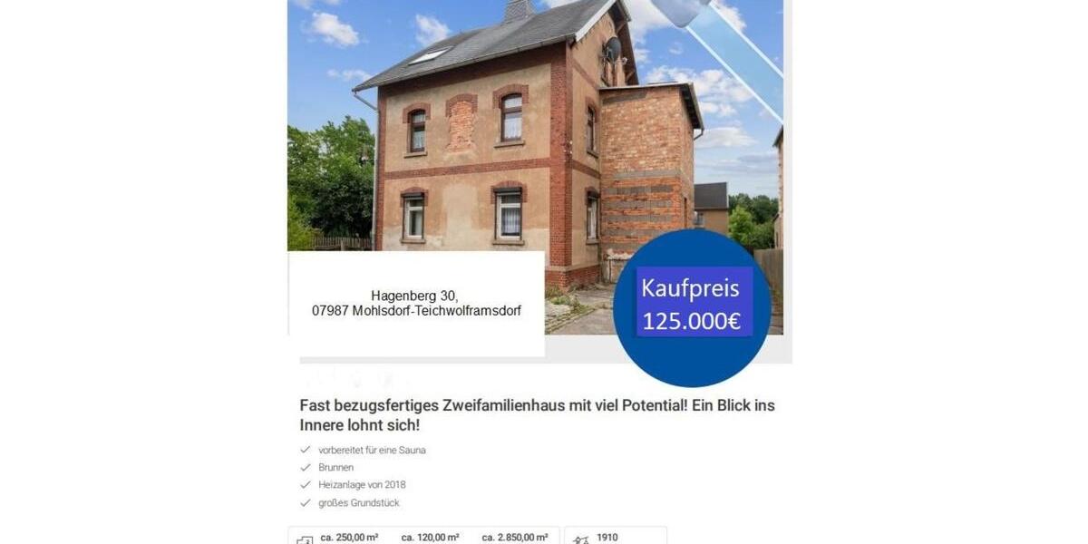 Einfamilienhaus Mohlsdorf-Teichwolframsdorf Teichwolframsdorf - 8 Zimmer, 250 m&sup2;, 125.000&euro; | Angebot:25591497