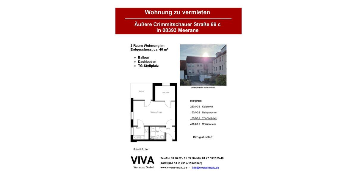 Erdgeschoßwohnung Meerane - 2 Zimmer, 40 m&sup2;, 280&euro; | Angebot:23371228