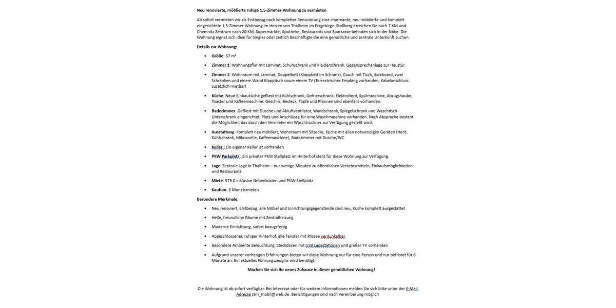 Etagenwohnung Thalheim/Erzgebirge Erzgebirge - 1.5 Zimmer, 37 m&sup2;, 975&euro; | Angebot:18781184