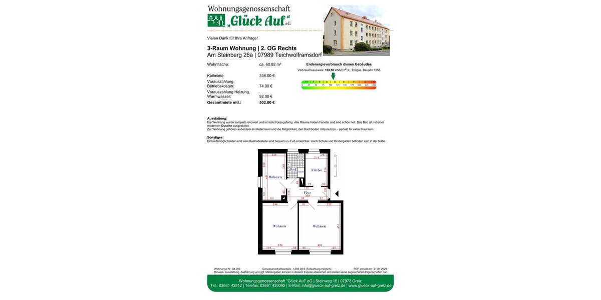 Etagenwohnung Greiz - 3 Zimmer, 61 m&sup2;, 336&euro; | Angebot:24600126