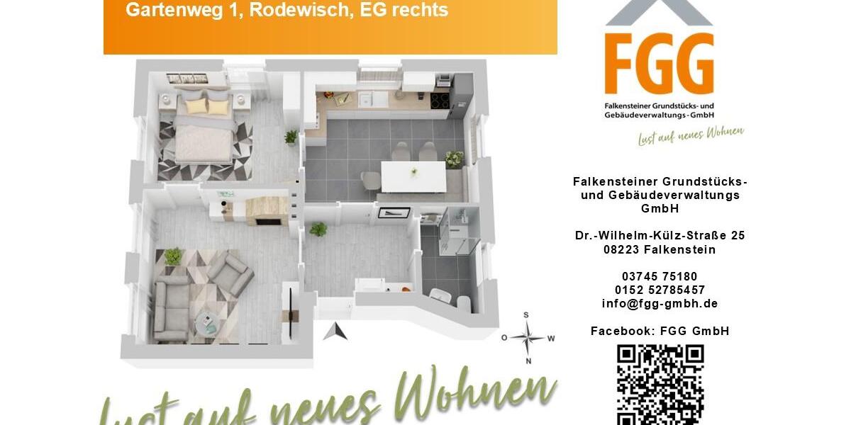 Erdgeschoßwohnung Rodewisch - 2 Zimmer, 54 m&sup2;, 432&euro; | Angebot:26339285