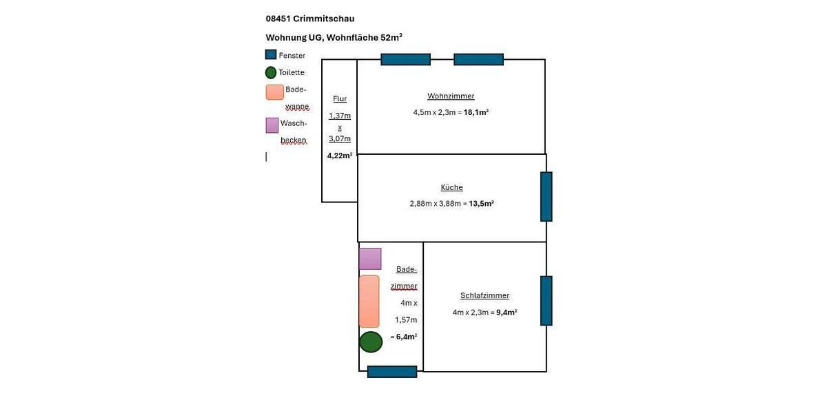 Erdgeschoßwohnung Crimmitschau - 2 Zimmer, 52 m&sup2;, 360&euro; | Angebot:25180315