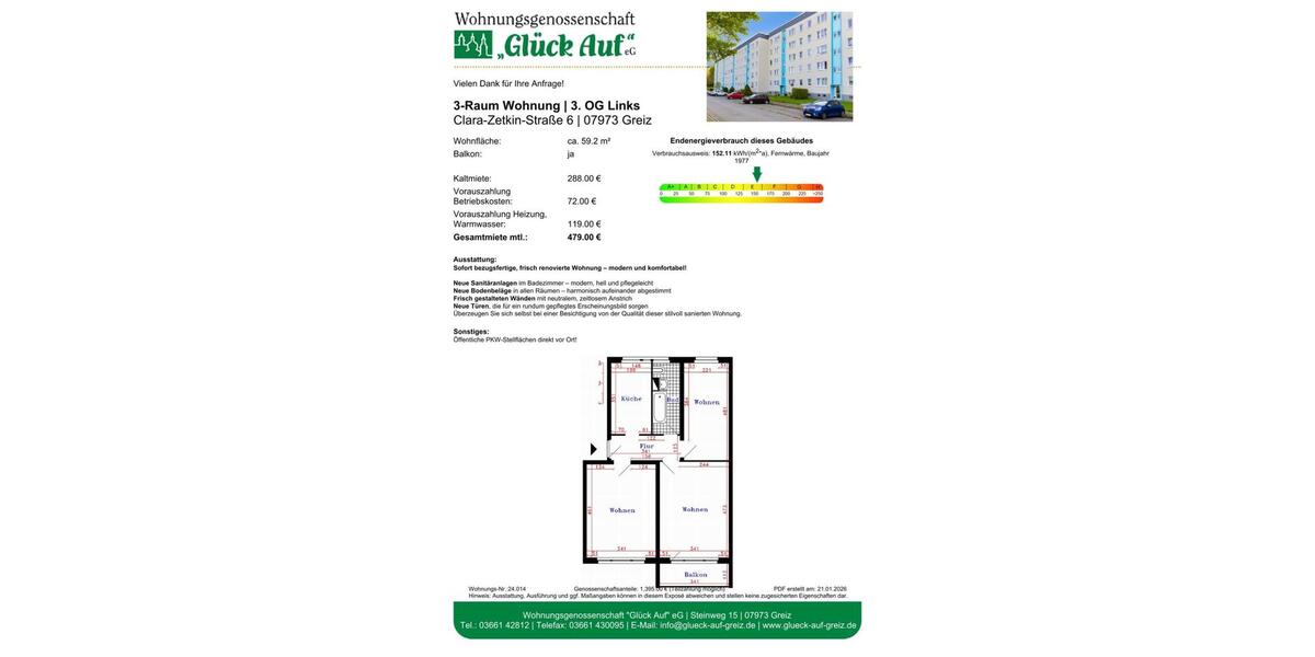 Etagenwohnung Greiz - 3 Zimmer, 59 m&sup2;, 288&euro; | Angebot:24600129